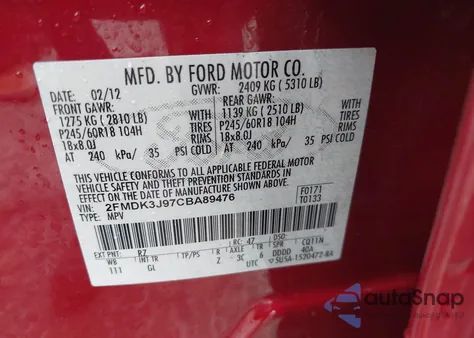 2012 Ford Edge Sel from USA, damaged, VIN 2FMDK3J97CBA89476